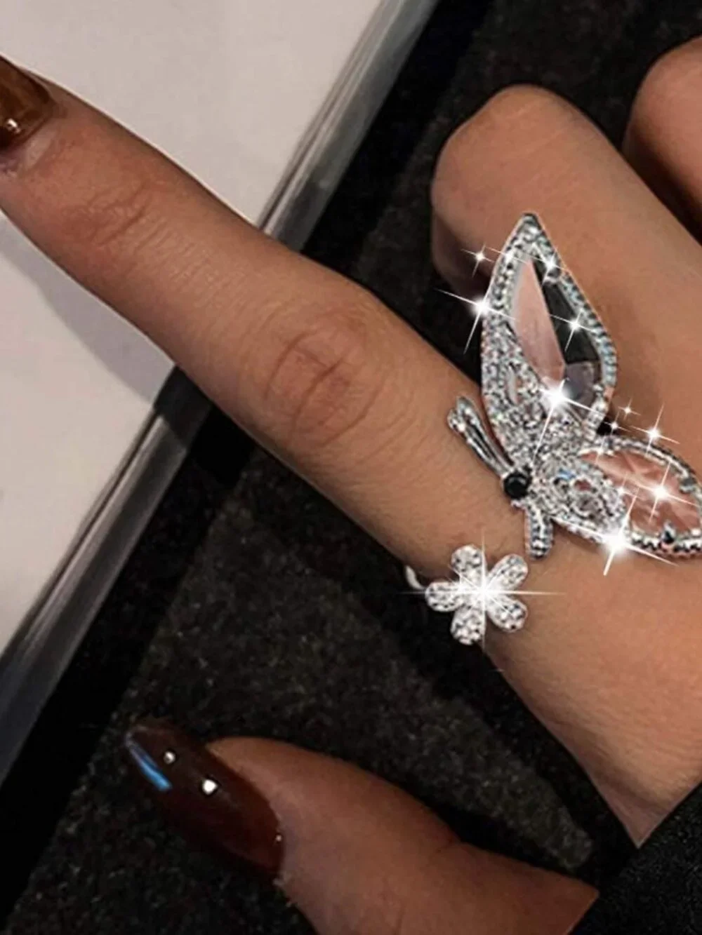 Sparkly Butterfly Ring Sliver Bling Rhinestone Knuckle Rings Adjustable Ring Jew